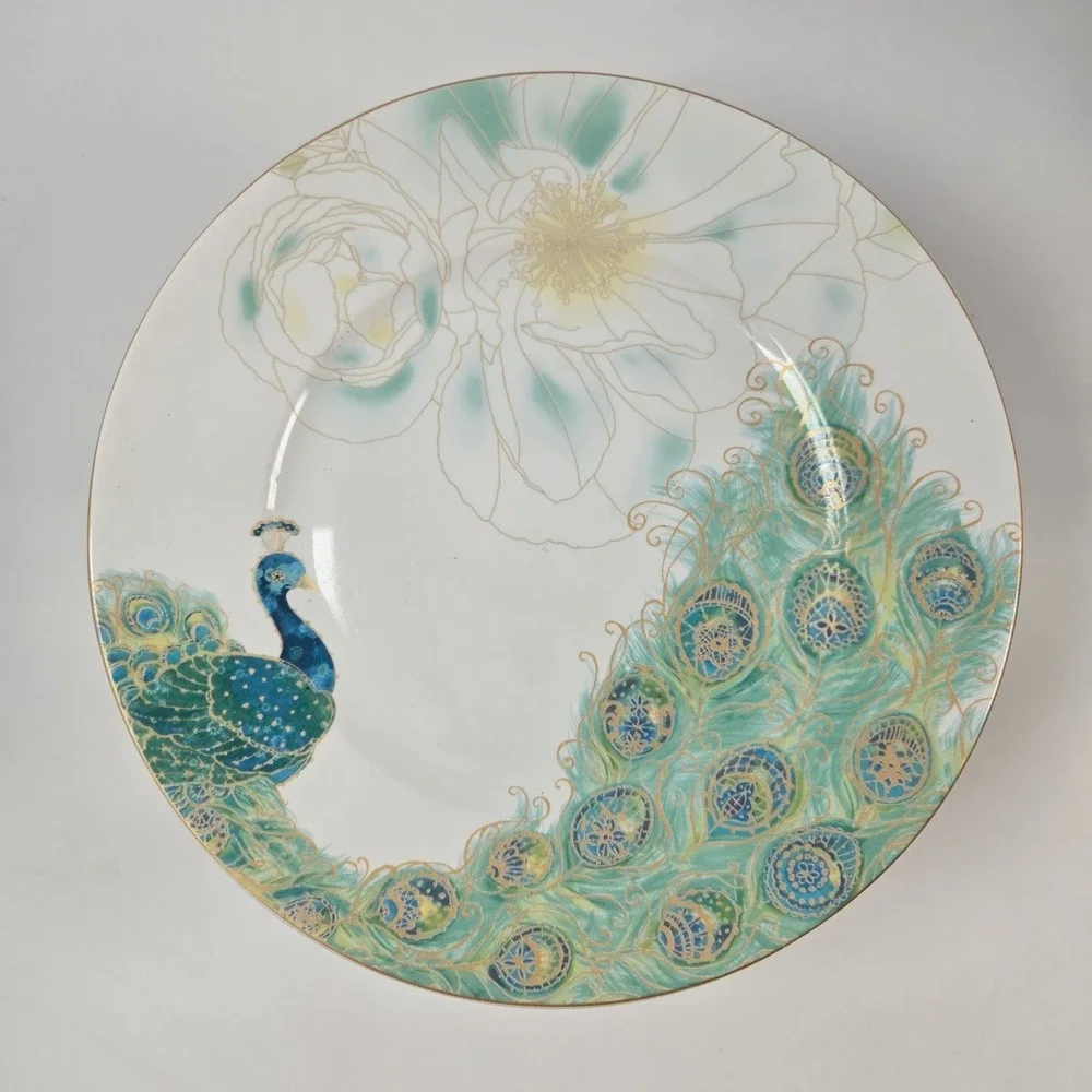 222 Fifth Lakshmi Dinner Plates Set of 6 White Teal Gold Peacock Fine China 11in